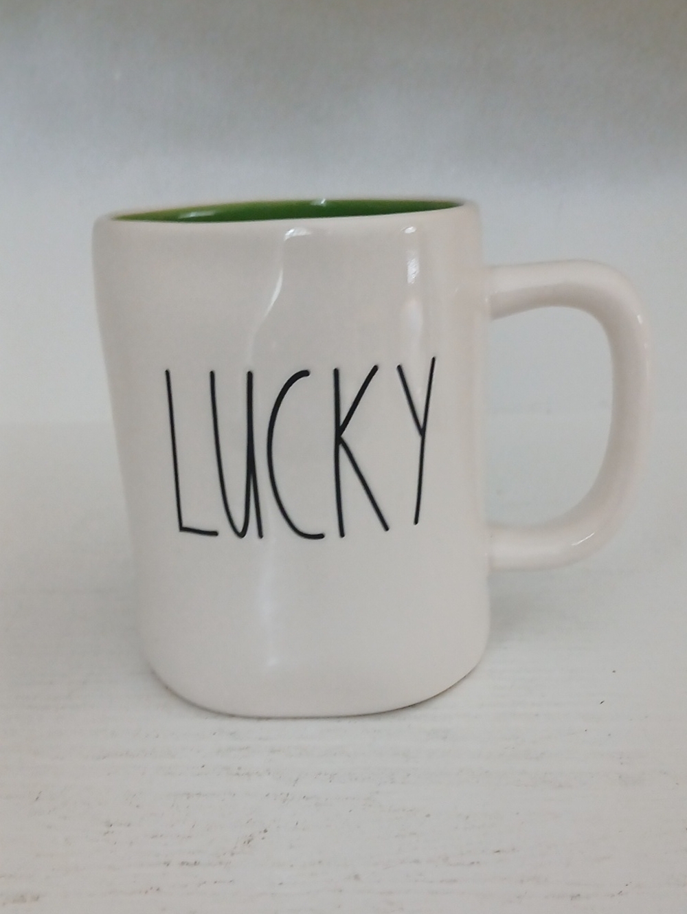Rae Dunn White 'Lucky' Ceramic Mug with Green Interior